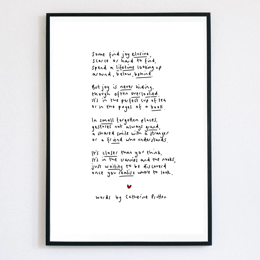 Handwritten poem print titled “Some Find Joy Elusive” by Catherine Prutton, in a simple handwritten style on a clean white background.