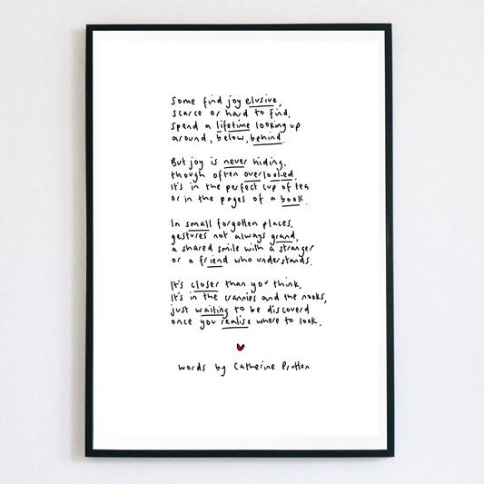 Handwritten poem print titled “Some Find Joy Elusive” by Catherine Prutton, in a simple handwritten style on a clean white background.